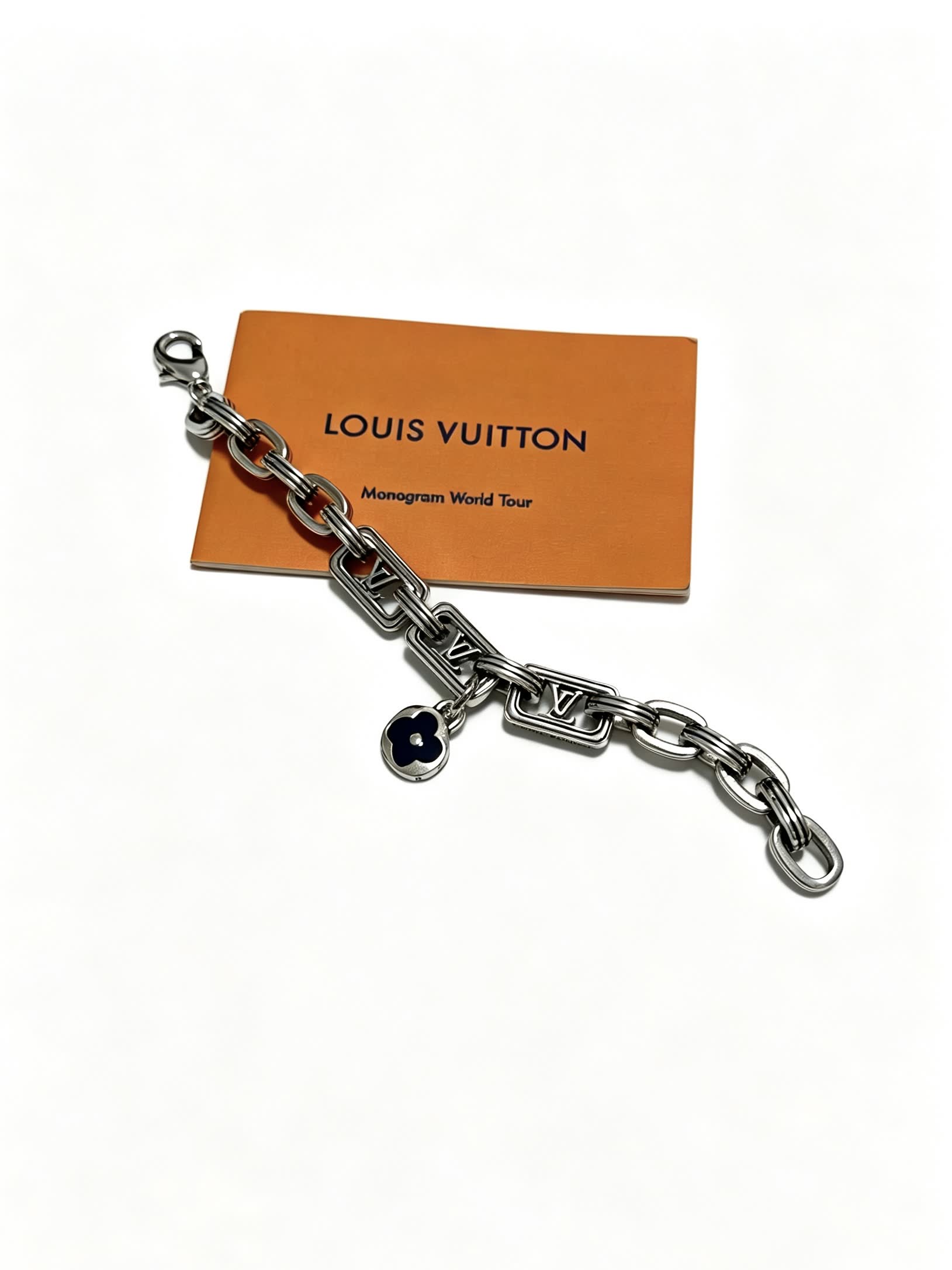 Louis Vuitton Silver Tone Bracelet with Monogram Charm